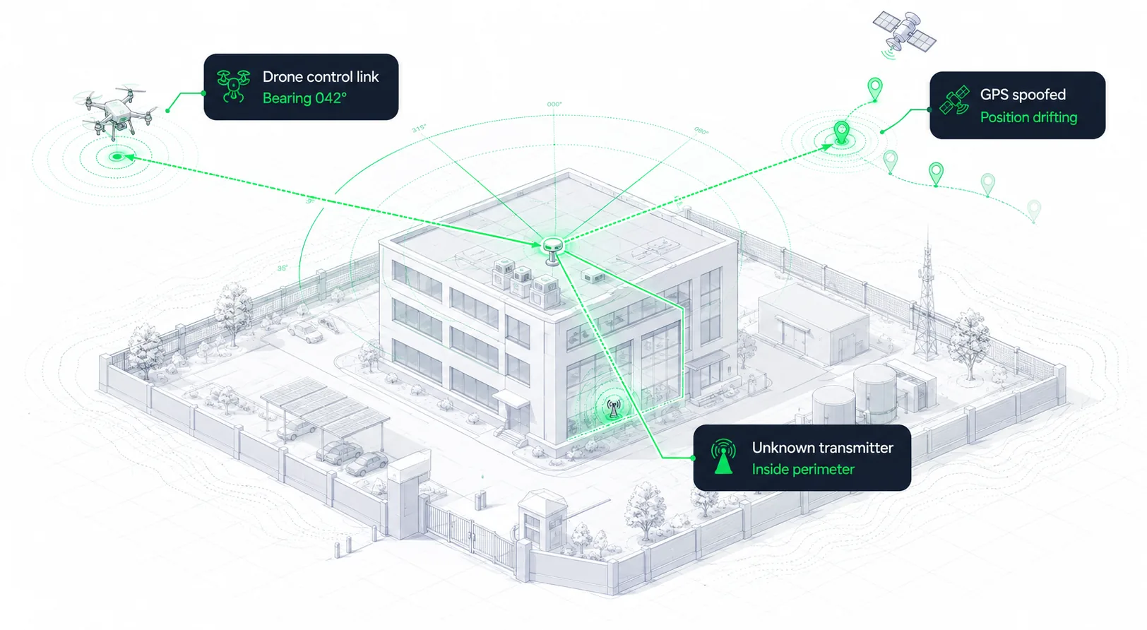 An isometric view of a site under passive radio monitoring. Bearing lines fan out from a sensor on the roof to three flagged emitters: a drone control link at bearing 042 degrees, a spoofed GPS signal with the reported position drifting away from the true one, and an unknown transmitter inside the perimeter fence.